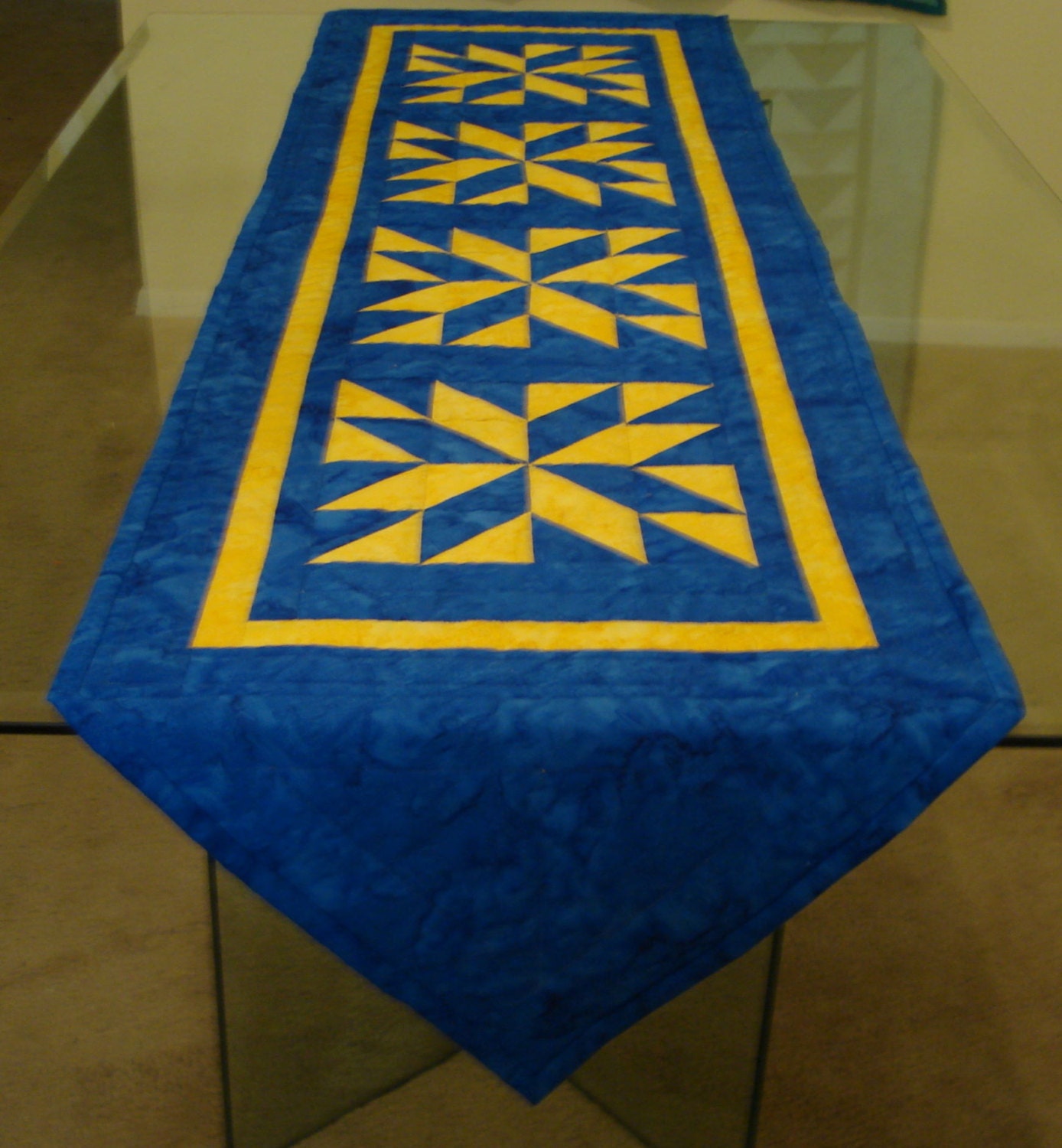 Quilted Table Runner Lapis and Daffodil Batik