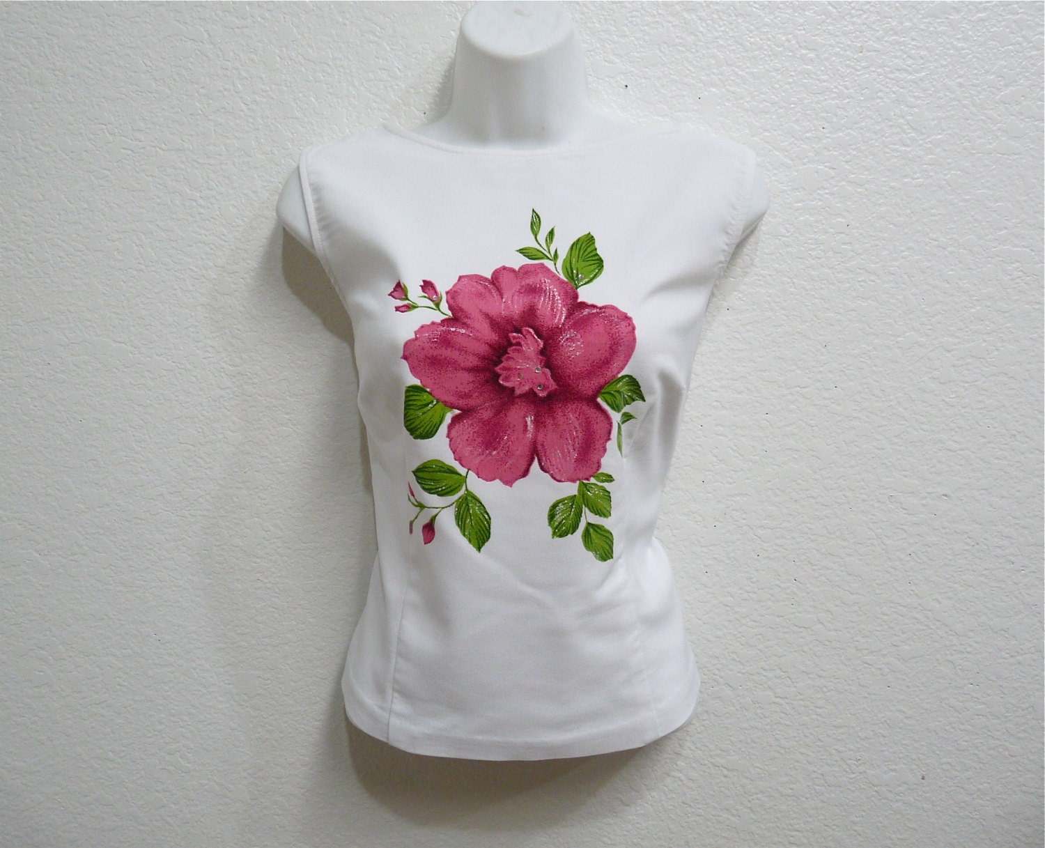 Vintage 80s White blouse Pink Floral Sleeveless Summer Button up Back Shirt/Top Size M/L Summer fashion