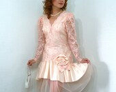 80s vintage Pink Lace Dress Prom Dress Formal Dovizia Ruffles Bow Taffeta and Tulle Ruffle Skirt Sexy Wedding Gown Small Medium