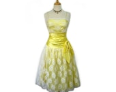 Vintage 1950s Shimmer Lace Dress Yellow Cocktail Party Prom Wedding Dress