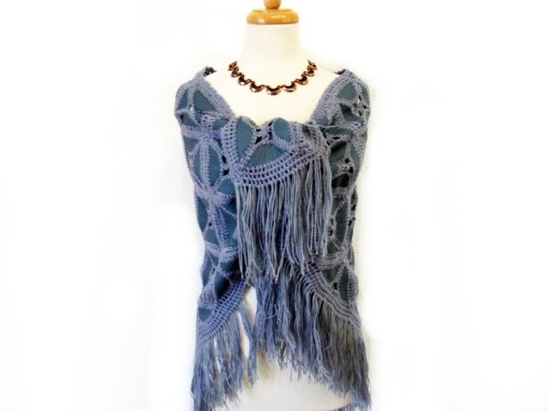 Vintage 70s Suede Leather Crochet Patchwork Shawl with Fringe