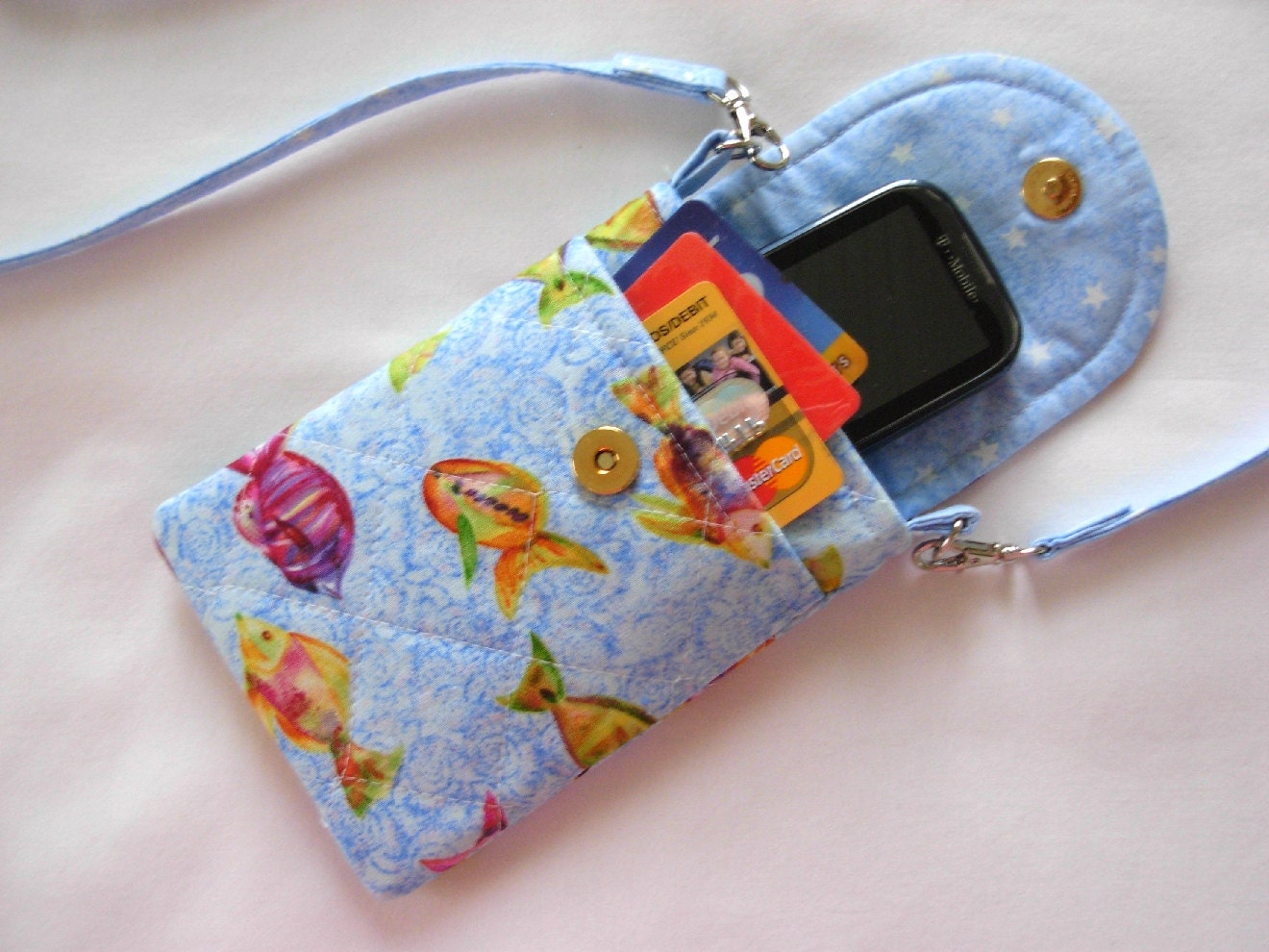 Cell Phone Gadget Case Detachable Neck Strap Quilted Tropical Fish Multi Color Blues