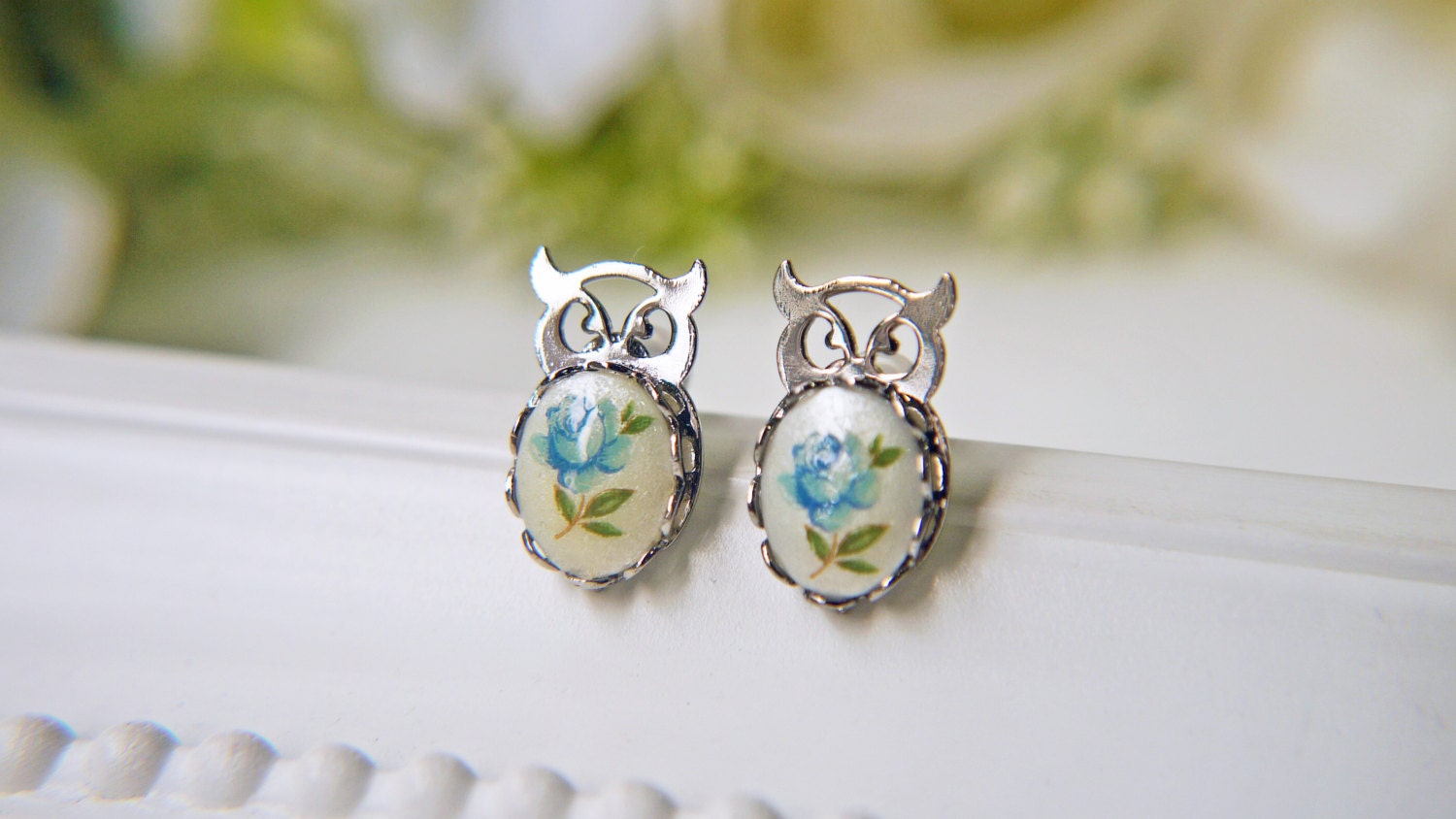 Vintage Silver Owl Post Earrings. Blue Rose Vintage Cabochon. Dainty Romantic Adorable