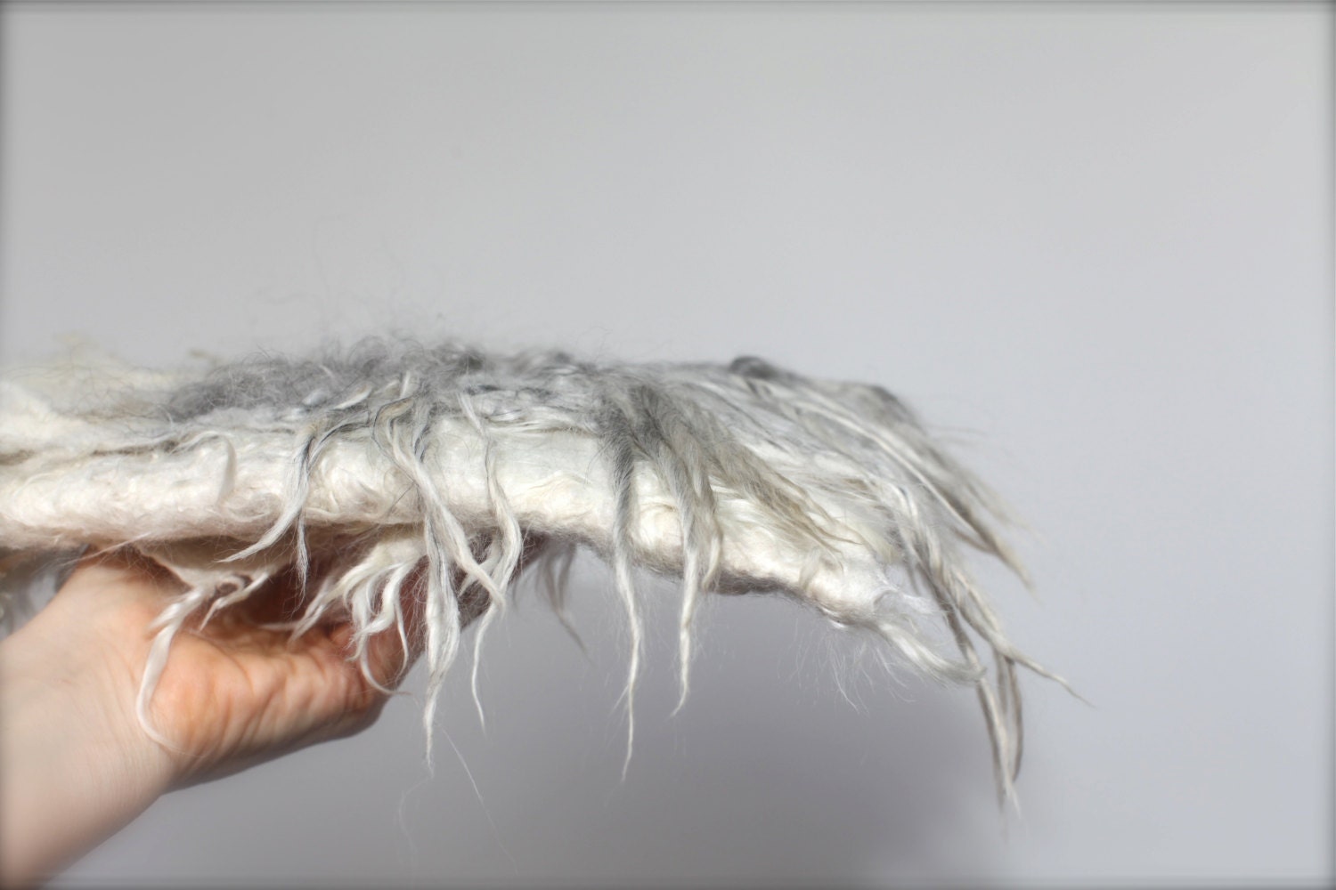 Felted Clutch Fur Free Ahimsa Felt Purse Hand Bag Raw Alpaca Silk Wool Locks Off White Silver Grey OOAK