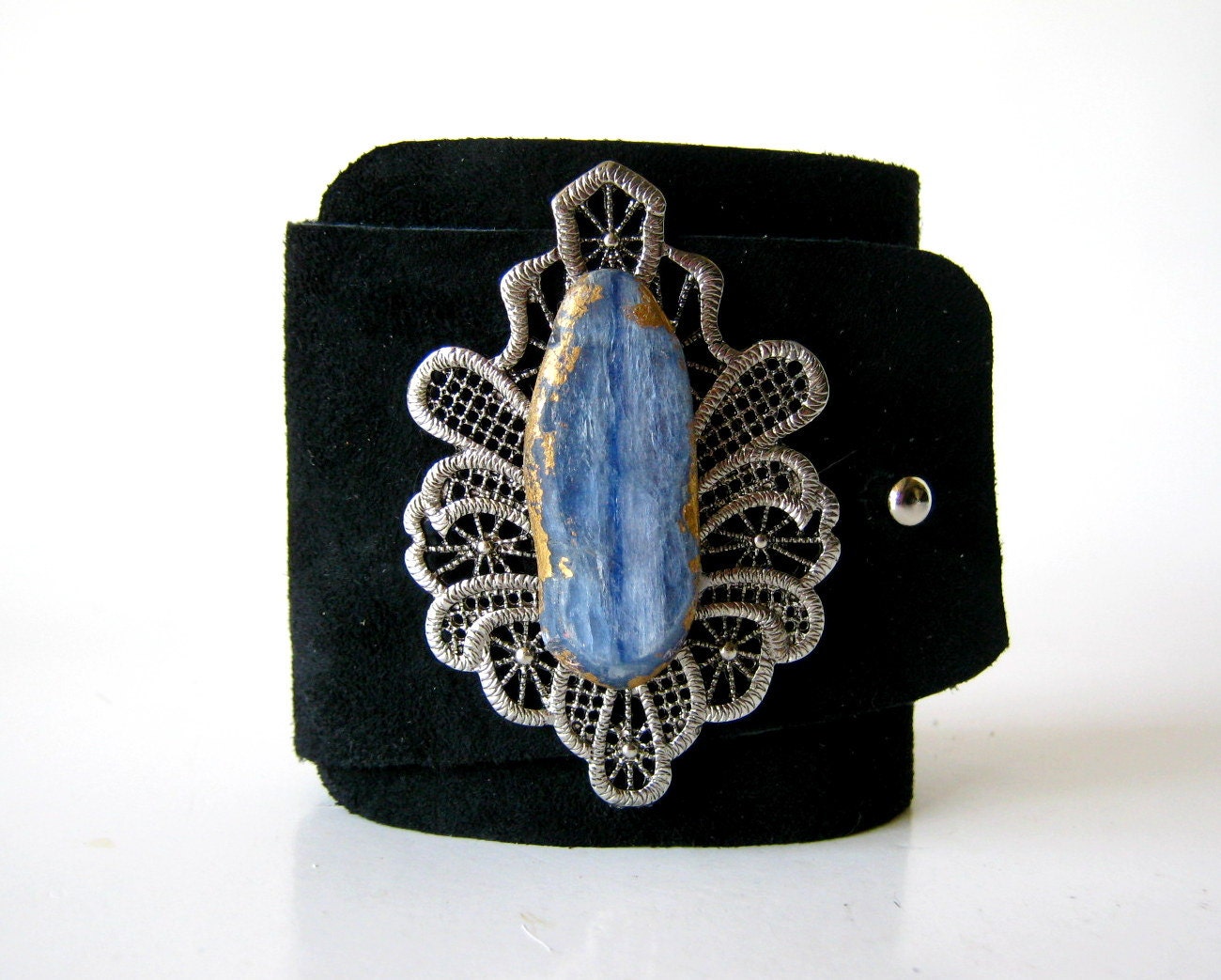 30% off sale suede cuff bracelet - black suede with gilded kyanite