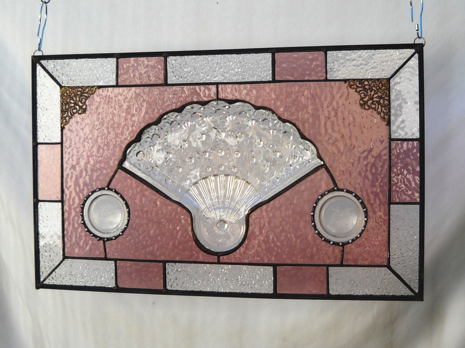Depression Glass Daisy and Button Fan Stained Glass Plate Panel with Ball Jar lids