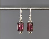 Faceted Rhodolite Garnet Rectangle Earrings with Bali Silver Beads