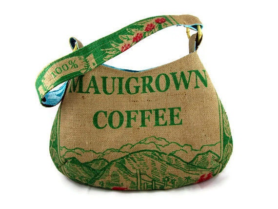 MTO. Boutique Burlap Hobo Handbag. Repurposed Maui USA Coffee Bag and Purse. Rare. Handmade in Hawaii.