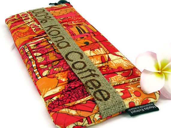 Recycled Burlap & Alfred Shaheen Clutch for Her. Spring and Summer. Recycled Kona USA Coffee Bag. Handmade in Hawaii.