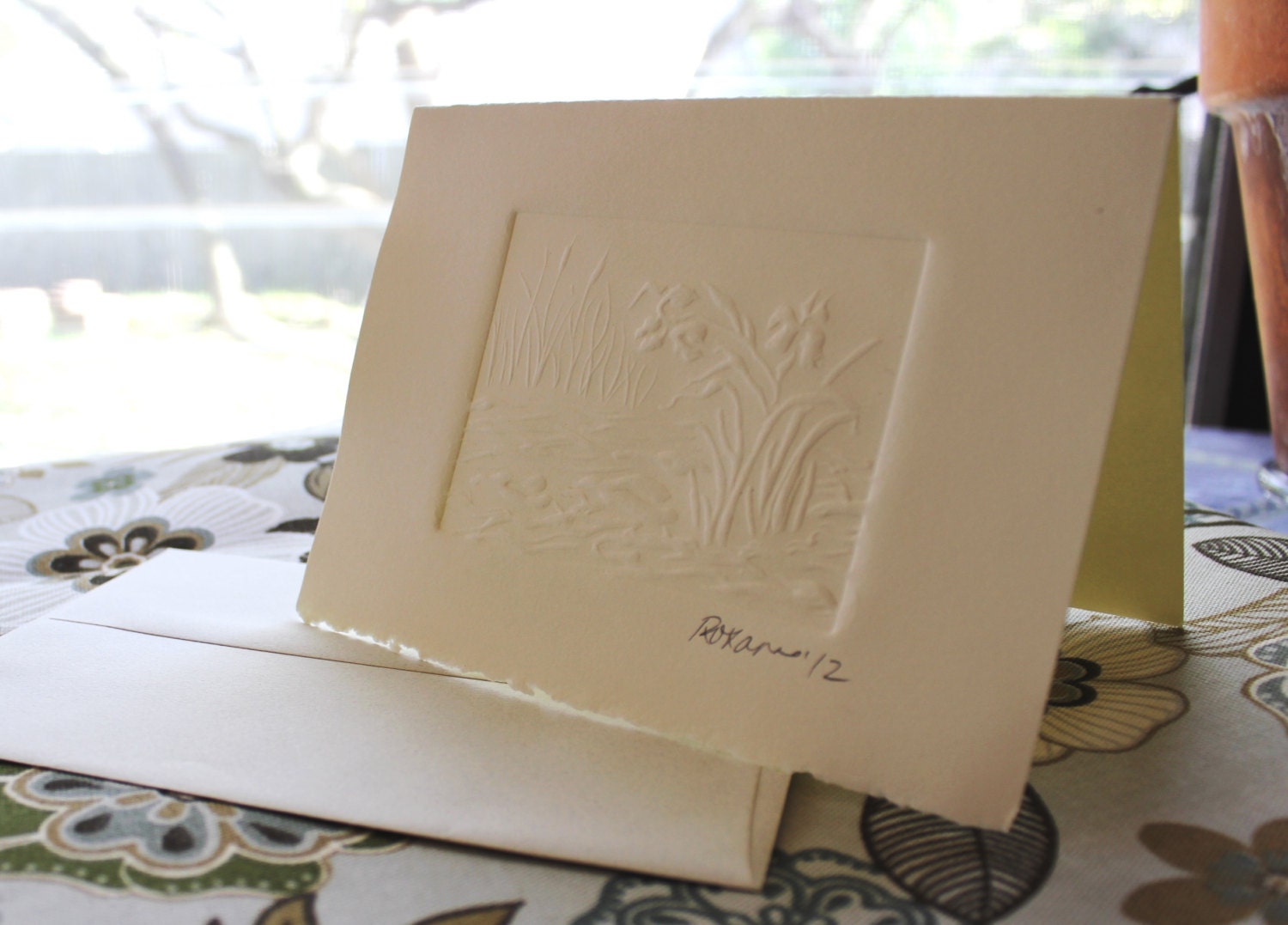 Handmade Card - Embossed Irises with Recycled Envelope - Large