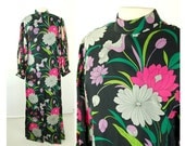1960s maxi dress, Lee Jordan dress, black pink green, floral dress, sheer, bold flower print, Size L