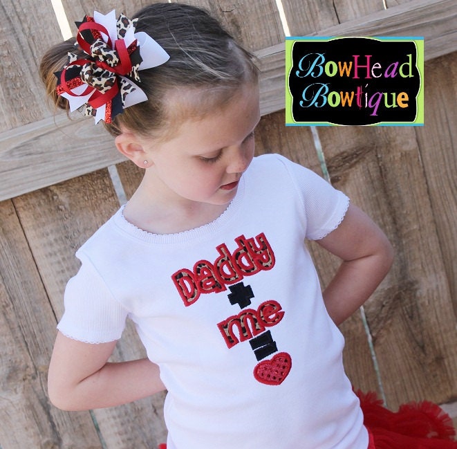 Daddy plus Me equals Heart - Red and Leopard Print Appliqued Boutique White Shirt or Onesie and Matching Hair Bow Set for Girls
