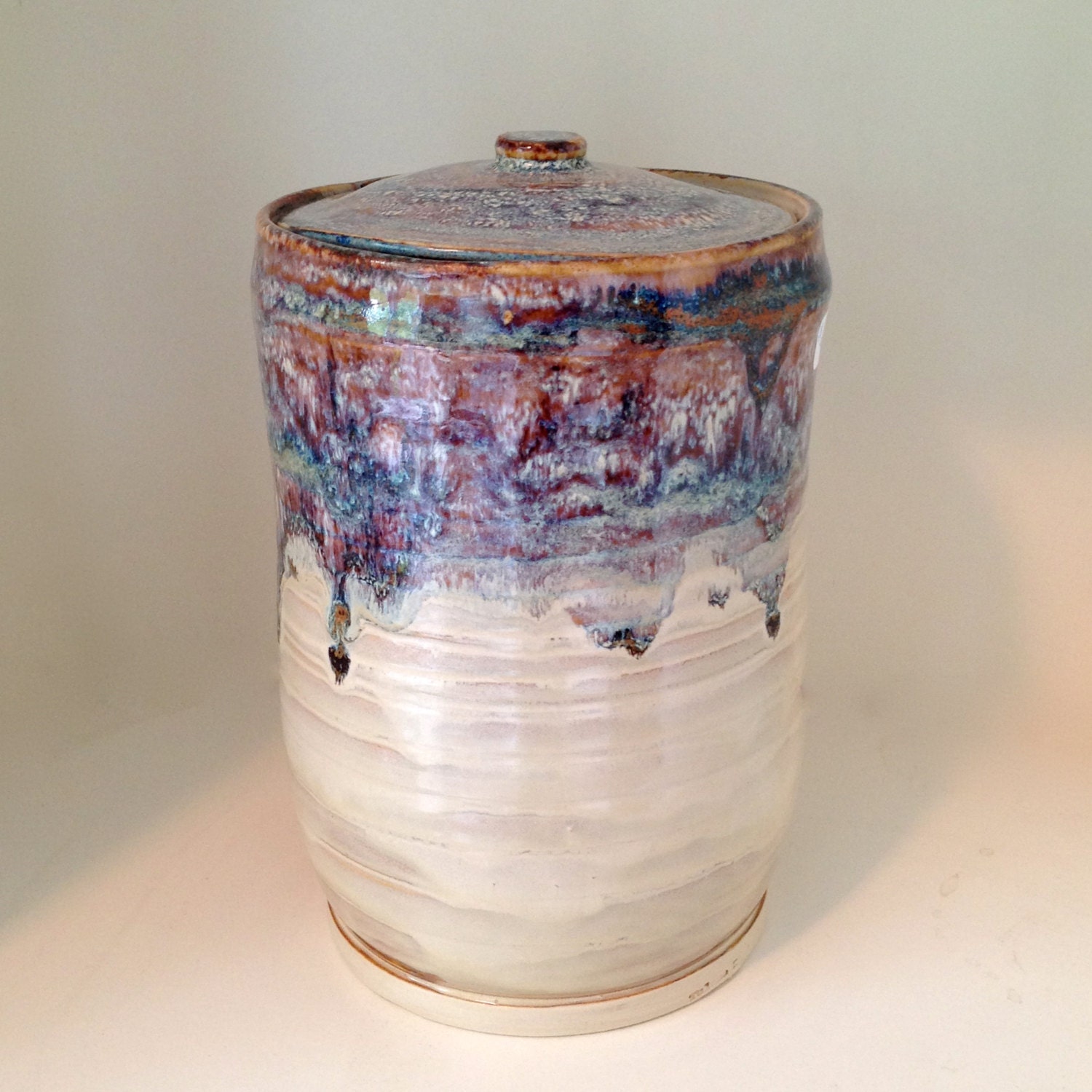 Pottery Canister in Cream with Mottled Blue and Brown