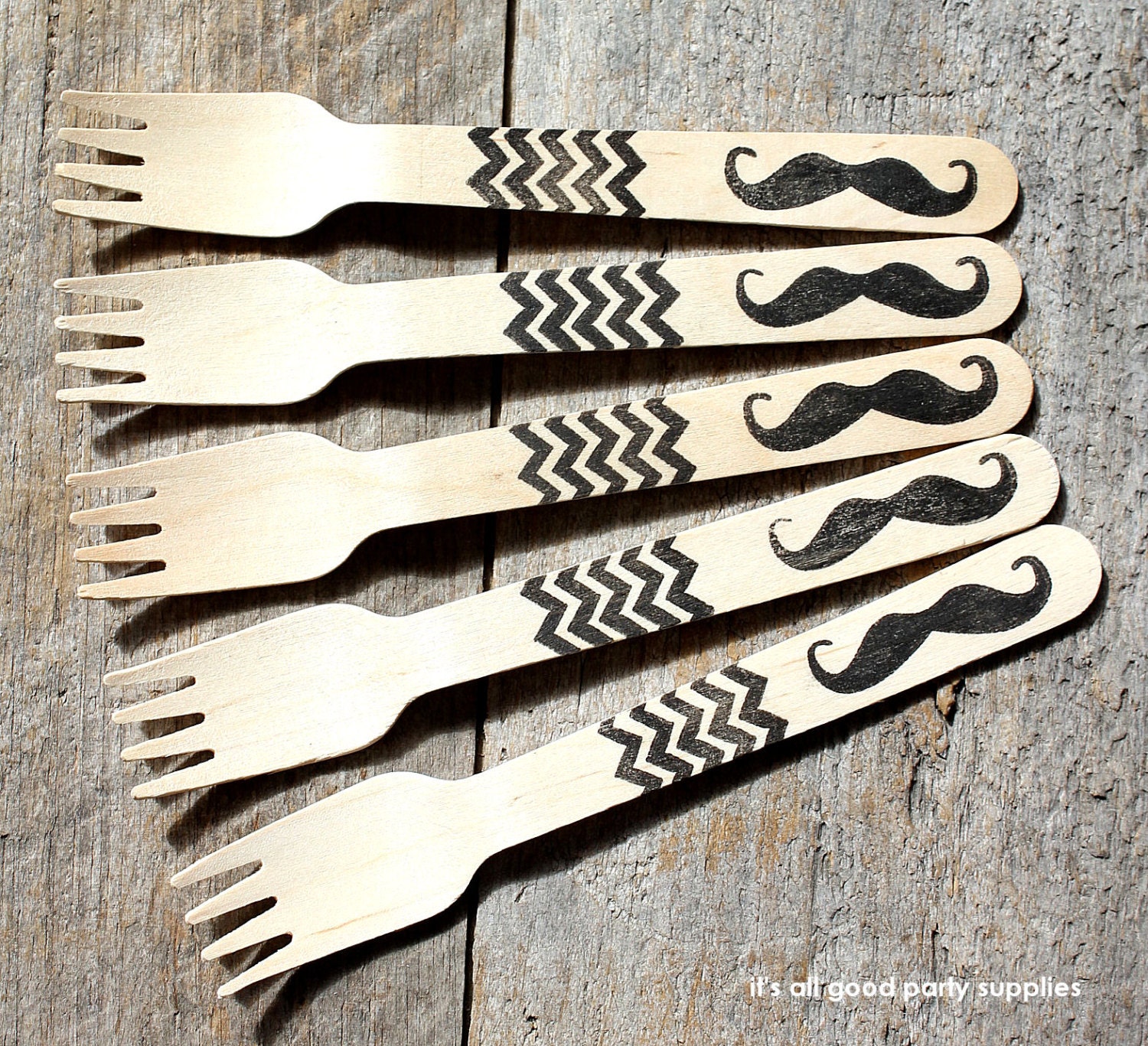 SMALL Wooden Forks with Mustache and Chevron - Eco-friendly Wooden Dessert Forks, Appetizer Forks (set of 18)