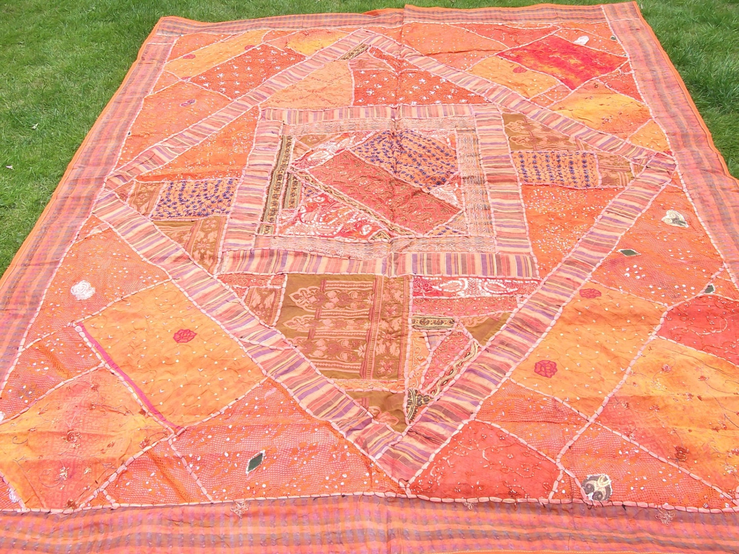 Super Big 8 ft x 6 ft  Orange Handmade Patchwork embroidered Wall Hanging/Quilt/throw.