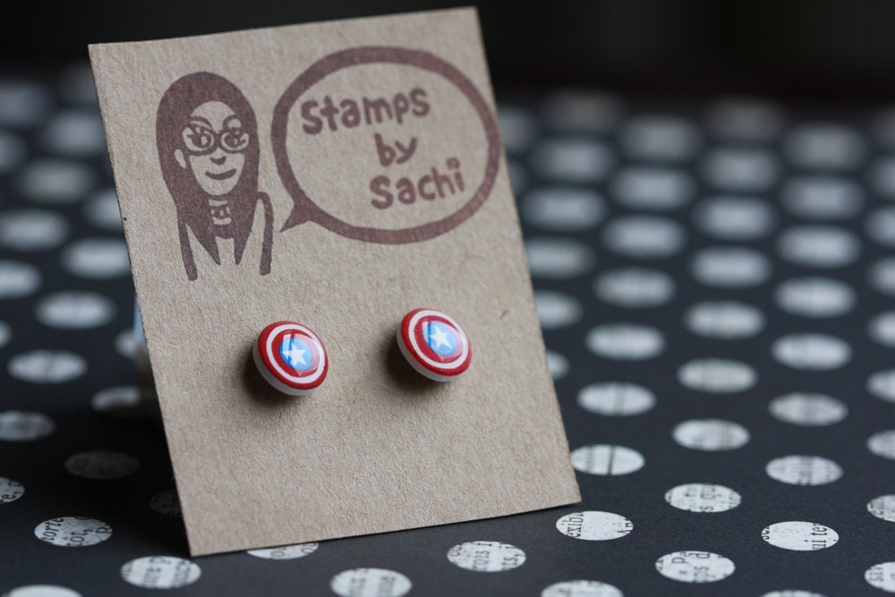 Super Hero Shrink Plastic Stud Earrings -Captain America's Shield-