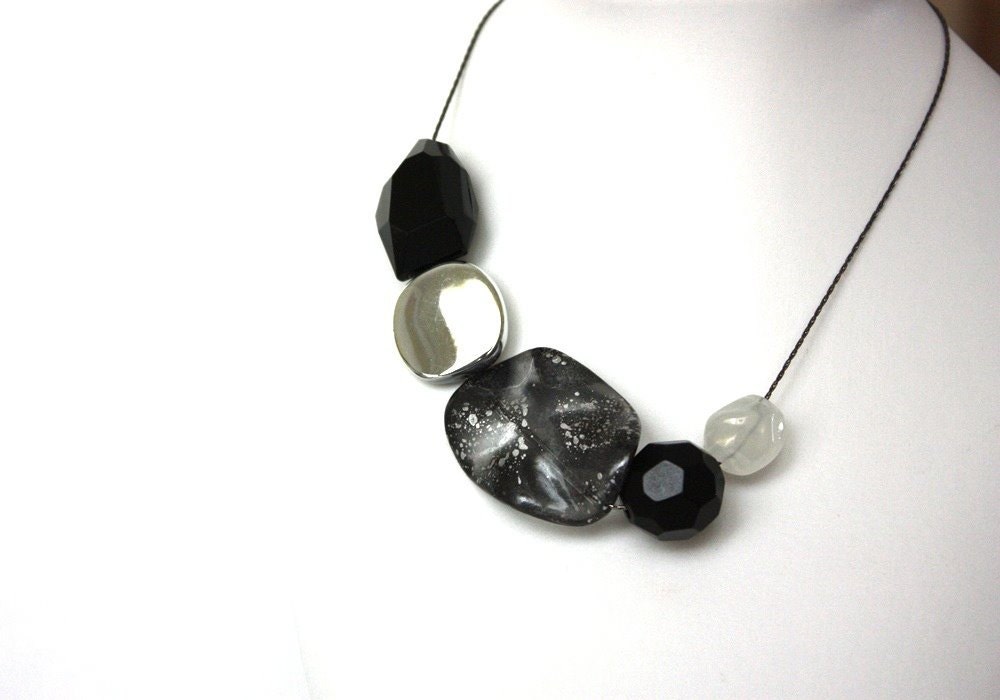 Geometric Jewelry Black Gray Silver Statement Necklace : Mixed Chunky Beads Necklace / Space Asteroid Meteorite Necklace