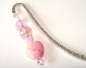 Beaded Pink Bookmark Silver Tone Metal Hook Pink Heart Bead Small Gift Mothers Day - SiriusFun