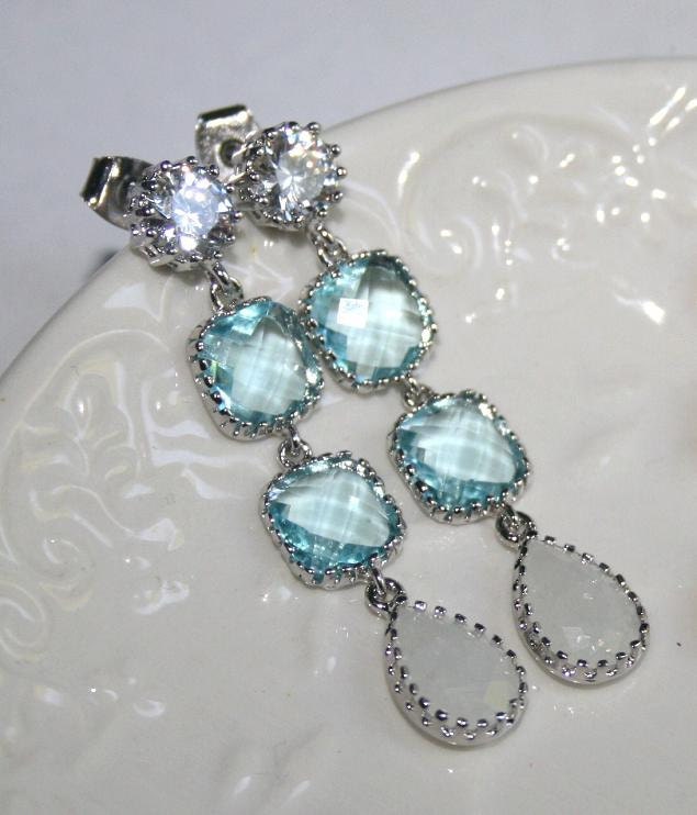 White Opal & Aquamarine Triple Drop Earrings, Aqua Blue and White Opal Teardrop dangle Statement Rhinestone Earrings - Wedding Jewelry