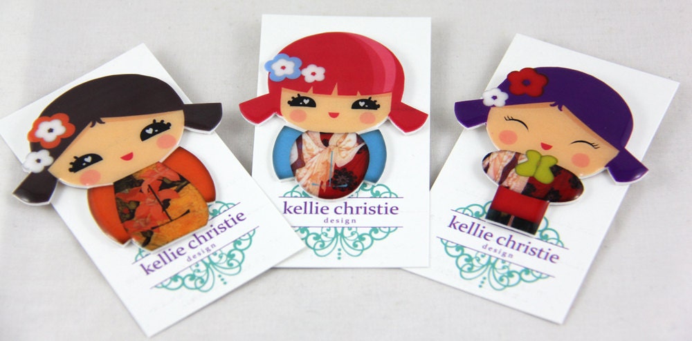 Kokeshi Doll Brooch Pin - Made to Order