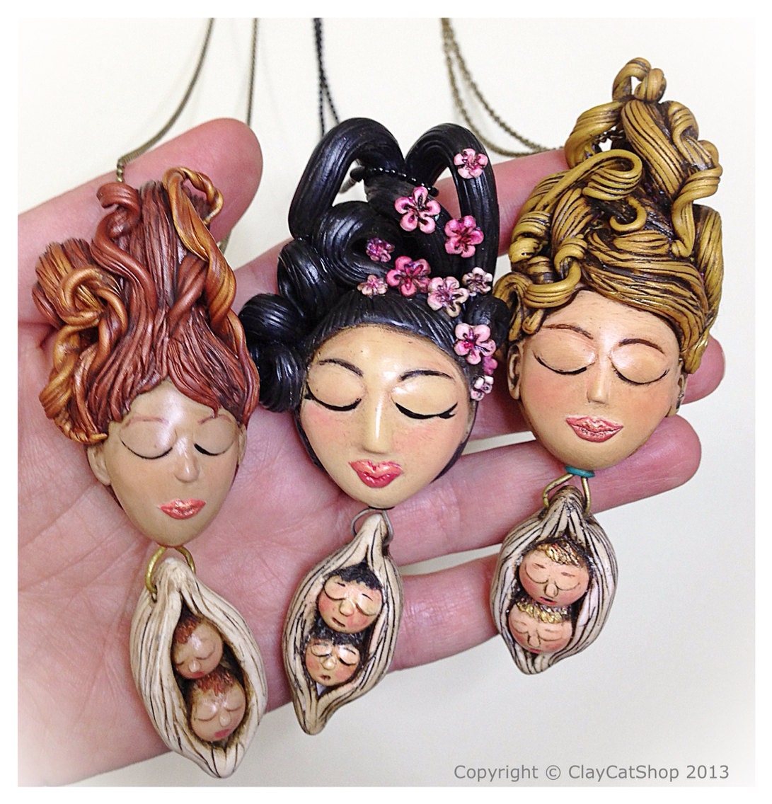 Mother and babies in a pod pendant - Original Art piece - Personalized - SALE