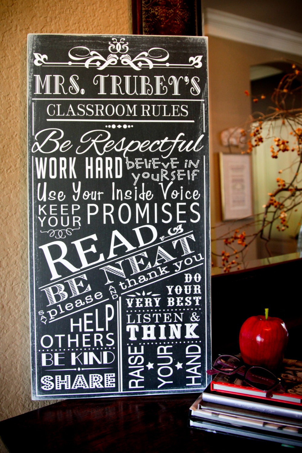 Classroom Rules Personalized Teacher Gift School Rules Typography Subway Art Wood Wooden Sign Painting