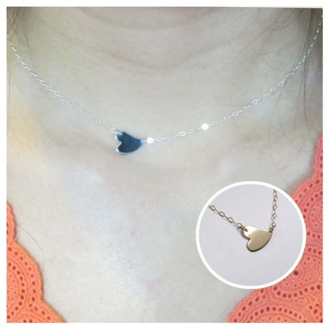 Solid Sideways Heart Necklace, Sterling Silver or Gold filled