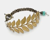 Antiqued gold brass fern leaf bracelet genuine pearls aquamarine blue glass flower filigree Neo victorian jewelry by Steampunk Nation R1039
