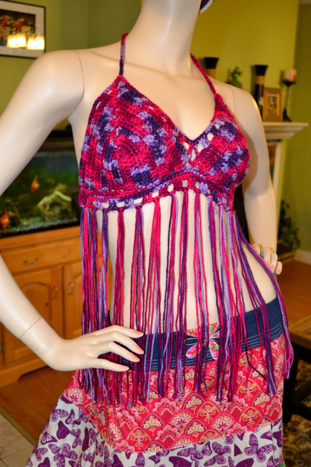 Hippie patchwork Crochet Halter Apron Top In Mixed Color Sale