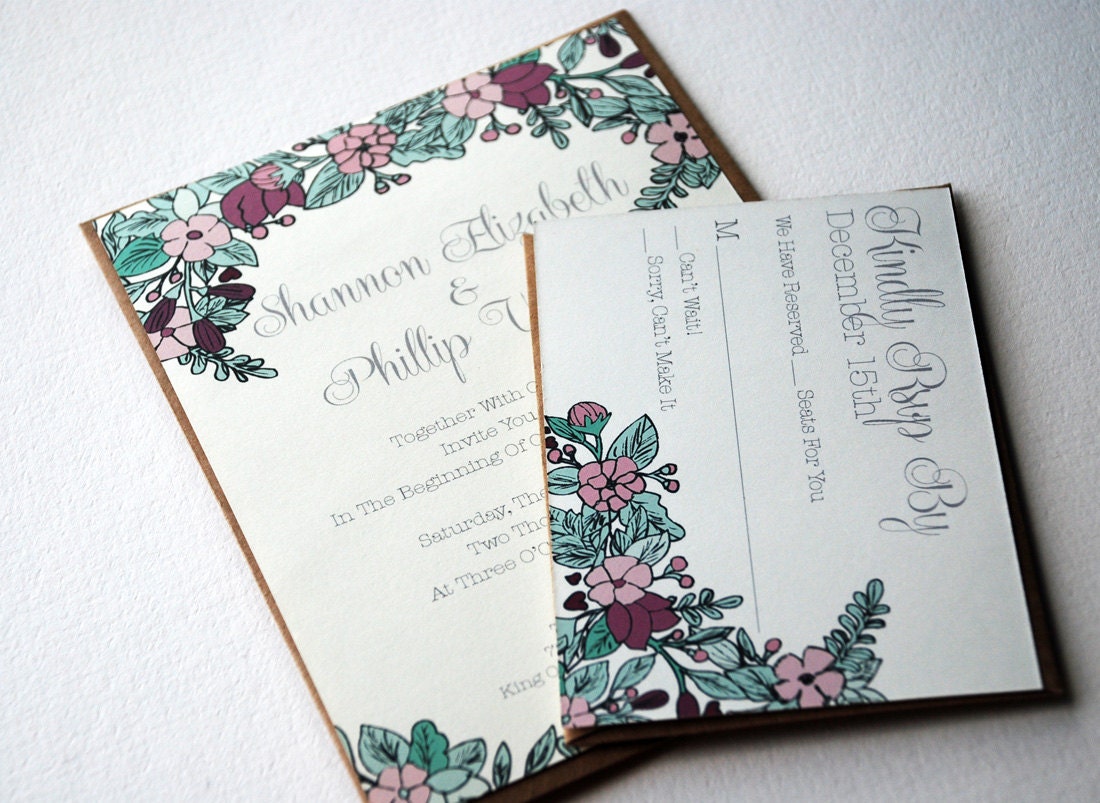 The Penelope Collection - Vintage Inspired Floral Wedding Invitation Set in Pink, Silver and Teal with Kraft or Cream Envelopes - SAMPLE
