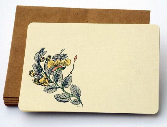 The Vintage Flowers Note Card set in Yellow, Gray, Pink and Teal -Set of 6 flat Notecards and Kraft Envelopes