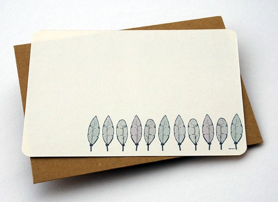 A Row of Feathers in Gray, Teal, and Mauve - Set of 6 flat Notecards and Kraft Envelopes