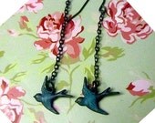 Vintage patina teal green bird flying long chain dangle french earring hook