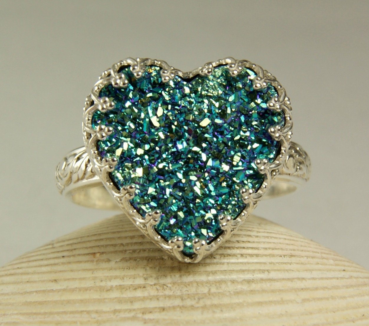 Heart Druzy Ring, Sterling Silver, Handmade Jewelry, Sparkle Titanium Stone, made to order