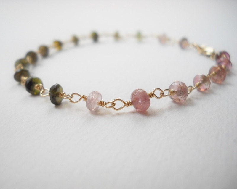Watermelon Tourmaline Bracelet - Beaded Beadwork Gold Filled Rosary Bracelet with Pink and Green Tourmalines