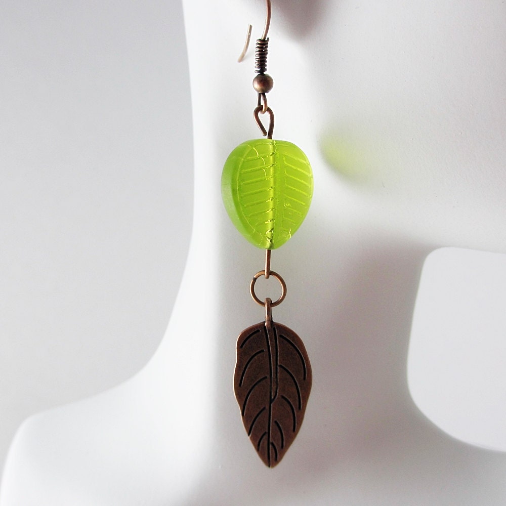 Earrings Copper Leaves Green Glass Leaves