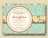 Shabby Chic Teal Damask and Orange Flowers Bridal Shower Invite - PRINTABLE INVITATION DESIGN Il_170x135