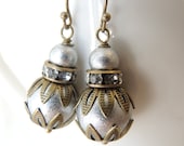 Vintage Style Earrings, Textured Silver Glass Pearls and Rhinestone Rondelle, Antiqued Brass, Bridesmaids earrings Wedding party