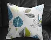 Cushion cover teal blue lime green gray grey maple leaf design cushion shams UK designer fabric 18 x 18 inch