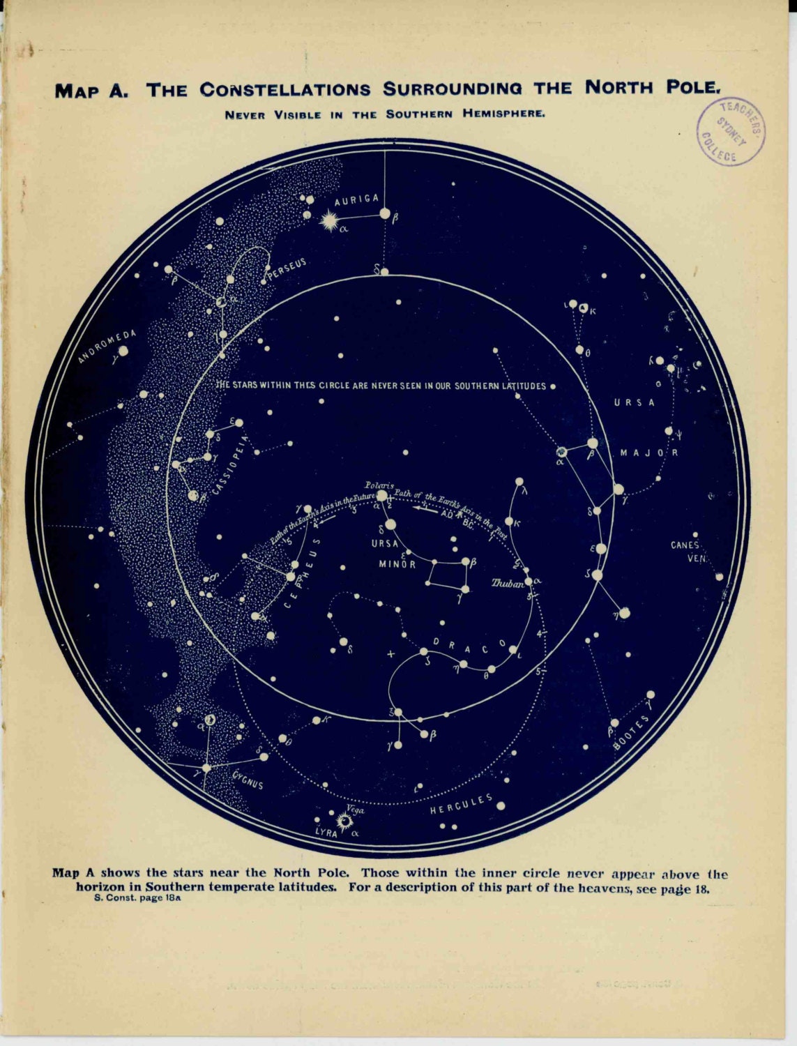 1926 constellations surrounding the north pole never visible in the southern hemisphere original star map vintage celestial chart print