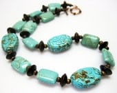 Blue Turquoise Magnesite Necklace - Turquoise Carved Flower Bead Necklace - Earthy - Fashion Jewelry - OOAK