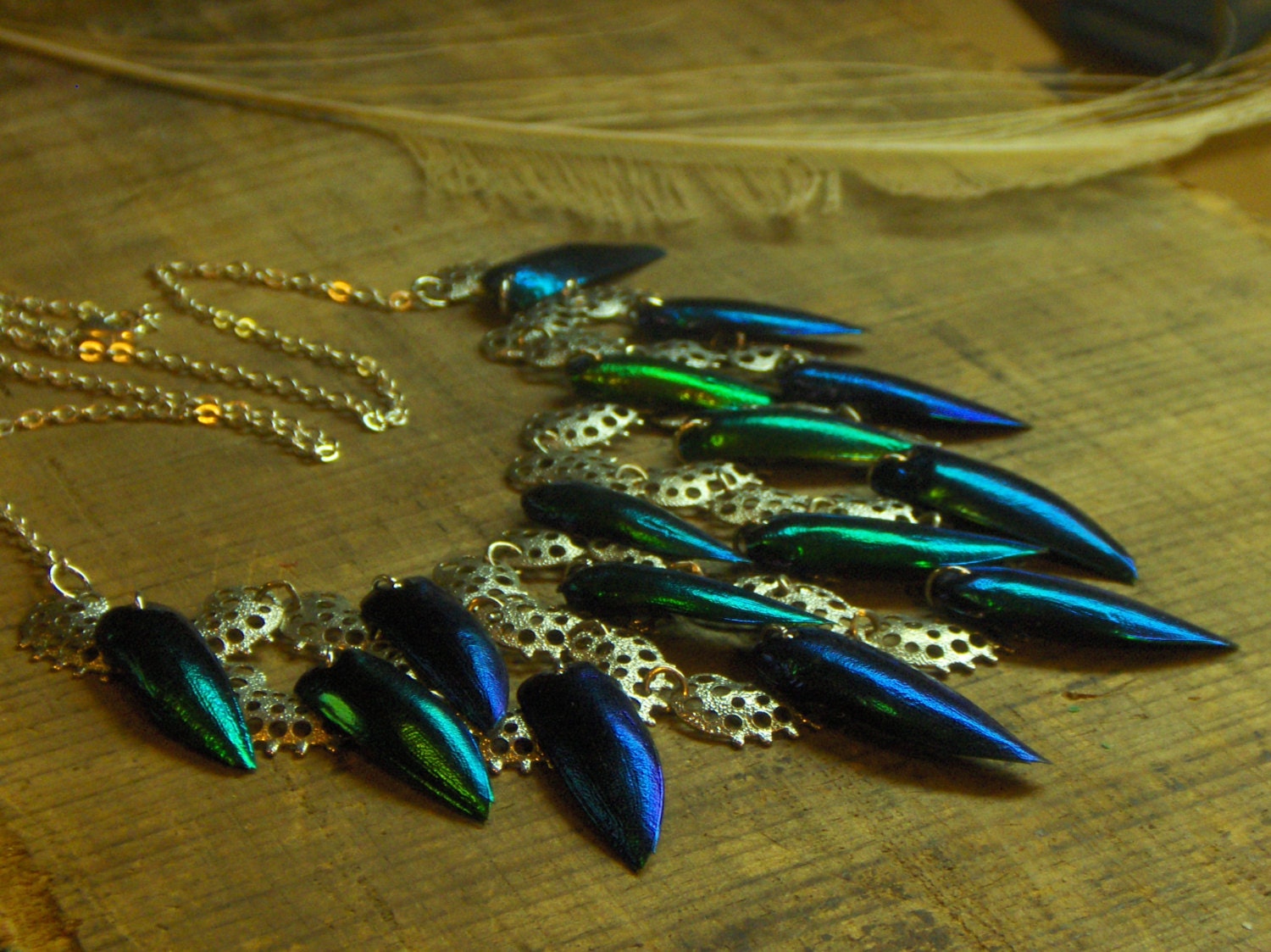 TAKE FLIGHT: Desert Edition. Genuine Egyptian Elytra Beetle wing Cascading Bib necklace.