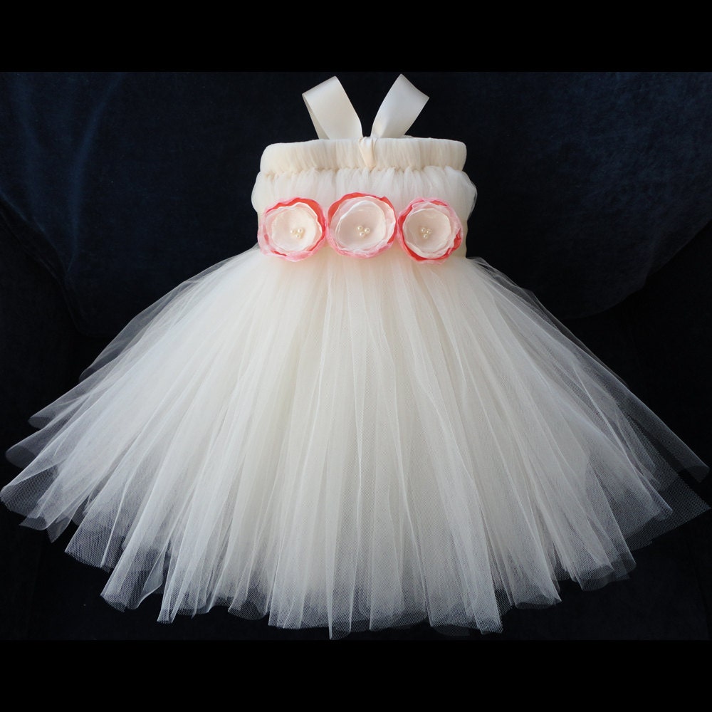 Ivory and Coral Flower Girl Dress