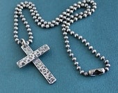 Mens Large Rustic Cross Necklace Sterling Silver on Ball Chain