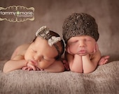 Knit Basketweave Beanie & Headband/Bow-tie Set Newborn Baby Unisex Girl Boy Photography Photo Prop