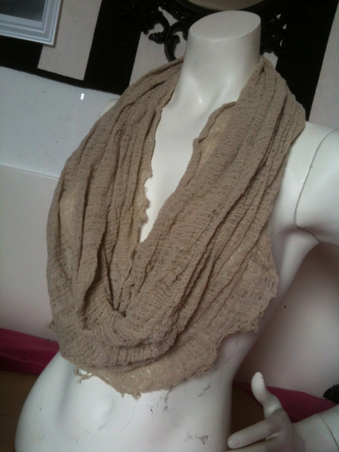 Beige shredded upcycle deconstructed infinity scarf 
