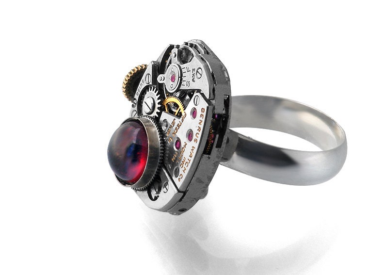 Garnet Steampunk Ring, Benrus Vintage Watch Movement, 925 Sterling Silver Adjustable Ring
