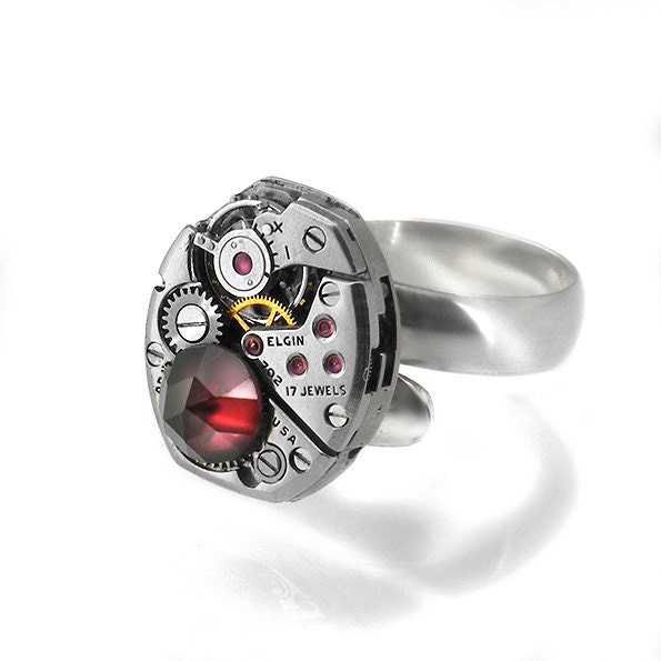 Garnet Steampunk Ring, Petite Elgin Vintage Watch Movement, 925 Sterling Silver Adjustable Ring