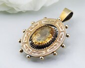 Victorian Citrine & Gold Pendant Engraved / Oval Citrine / 14ct Rolled Gold over Sterling Silver