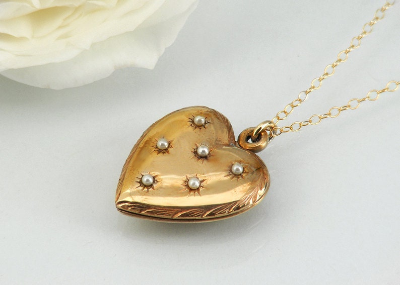 Vintage Heart Locket, Gold & Pearls - 9ct Gold Fill